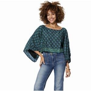 Altar'd State Aller Simplement Boho Cropped Kimono Top Teal Navy Wide Sleeve M